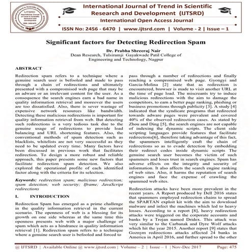 Significant factors for Detecting Redirection Spam