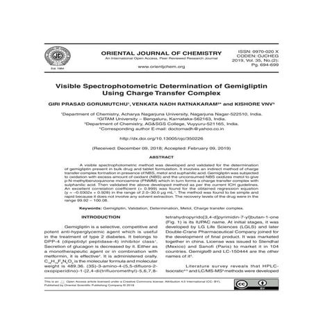 Visible Spectrophotometric Determination of Gemigliptin Using Charge Transfer...