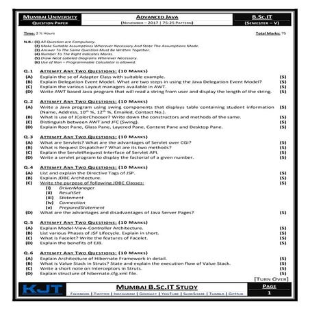 Advanced Java (November - 2017) [75:25 Pattern | Question Paper] | PDF