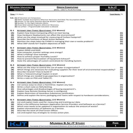 Green Computing (Question Paper) [April – 2017 | 75:25 Pattern]