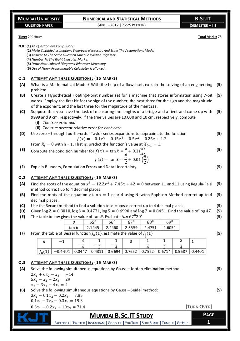 Numerical and Statistical Methods (Question Paper) [April 2017 75…