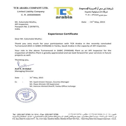 Experience Certificate for YANSAB Saudi Arabia
