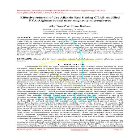 Effective removal of dye Alizarin Red S using CTAB modified PVA-Alginate boun...
