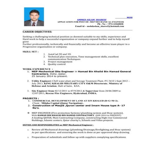 Mechanical Engineer 4 years Experience (2yrs Gulf Exp KSA&Qatar)