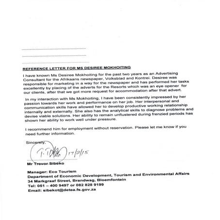 Reference letter Mr TREVOR Sibeko | PDF