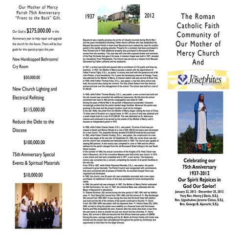 Our Mother of Mercy Parish 75th Anniversary “Front to the Back” Gift.