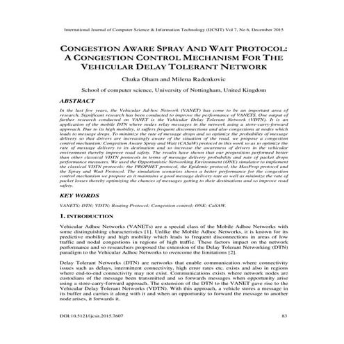 CONGESTION AWARE SPRAY AND WAIT PROTOCOL: A CONGESTION CONTROL MECHANISM FOR ...