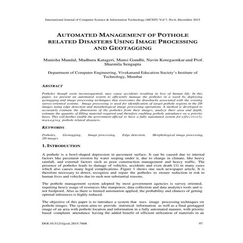 AUTOMATED MANAGEMENT OF POTHOLE RELATED DISASTERS USING IMAGE PROCESSING AND ...