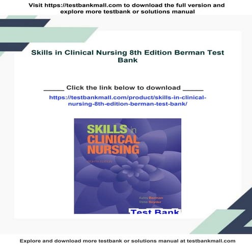 Skills in Clinical Nursing 8th Edition Berman Test Bank | PDF