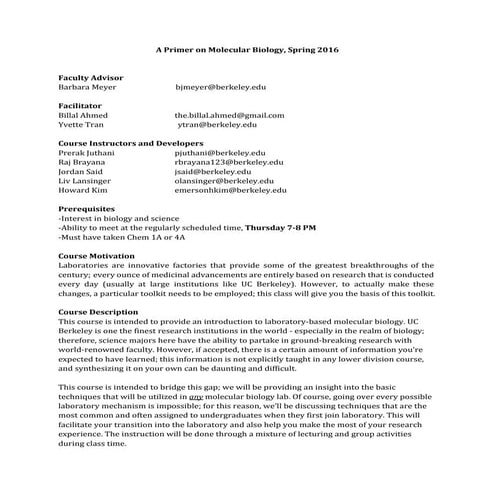 A Primer on Molecular Biology, Spring 2016 Syllabus