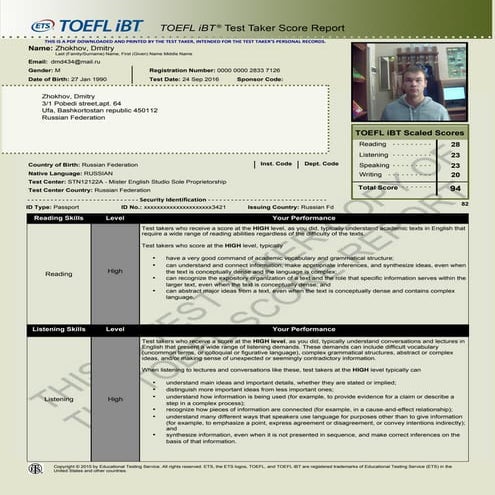 Dmitry Zhokhov TOEFL certification