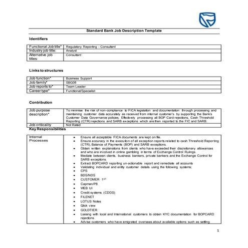 Standard Bank Job Description Template- Regulatory Reporting