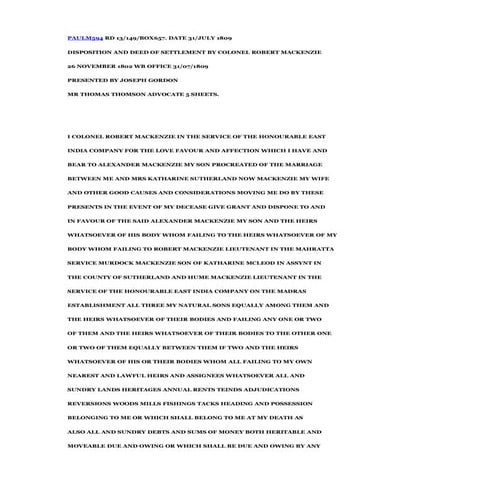 SIR ALEXANDER MACKENZIE OF ROYSTON CROMARTY GRANDVILLE TARBAT