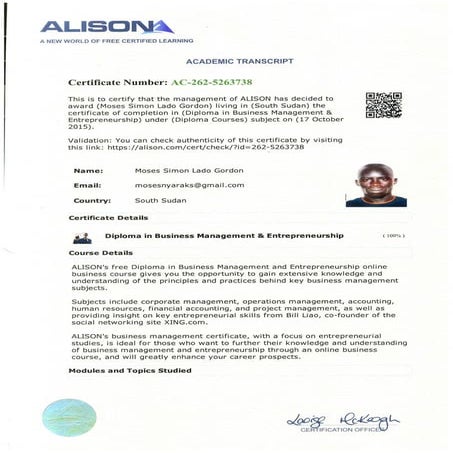 ACADEMIC TRANSCRIPT DIPLOMA IN BUSINESS MANAGEMENT & ENTREPRENEURSHIP 1