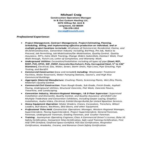 Michael Craig company resume 
