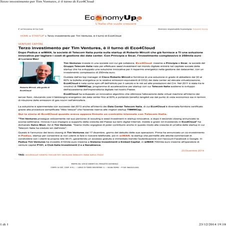 Terzo investimento per Tim Ventures, è il turno di Eco4Cloud
