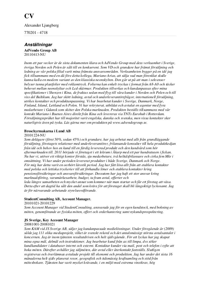Alexander Ljungberg CV Utförlig, Curriculum FULL