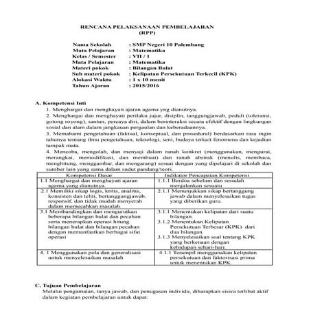 Rencana pelaksanaan pembelajaran (RPP) Materi KPK | PDF