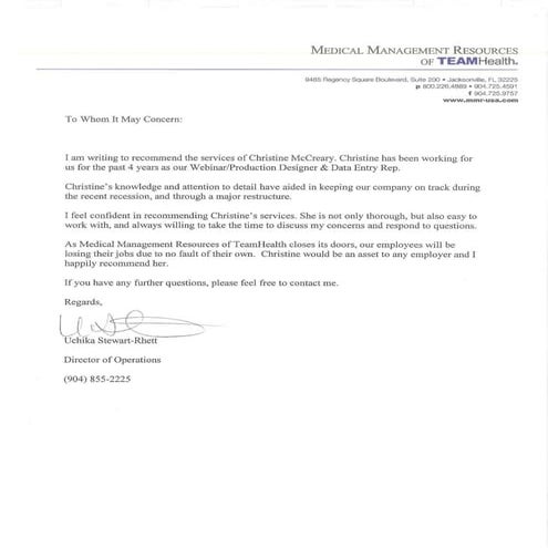 Letter of Recommendation Operation Manager