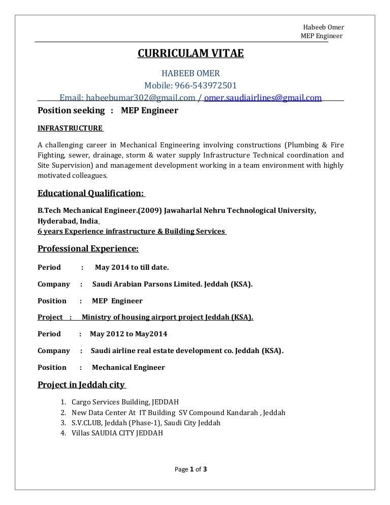 mep engineer cv habeeb omer hvac site engineer resume