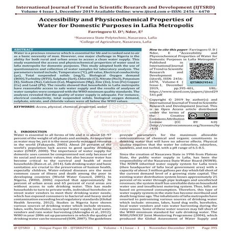 Accessibility and Physicochemical Properties of Water for Domestic Purposes i...