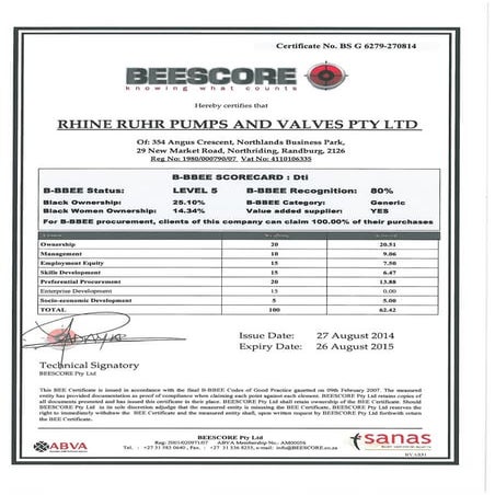 Rhine Ruhr Pumps and Valves Pty Ltd - BEE Certificate | PDF
