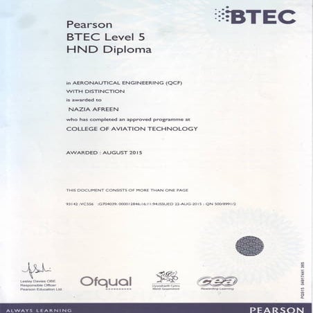 Higher National Diploma in Aeronautical (Edexcel certificate  with 18 modules...