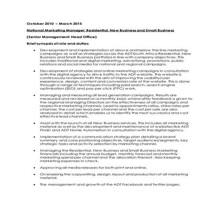 National Marketing Manager Experience