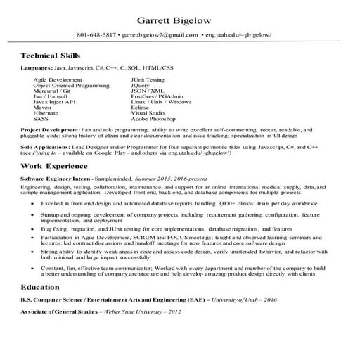 Garrett Bigelow - Resume - Software Engineering