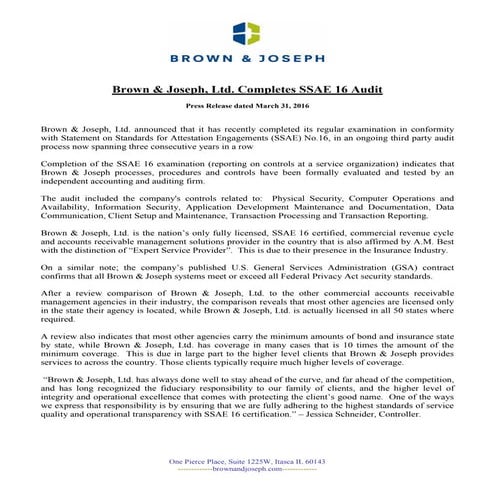 Press Release Brown_ Joseph Ltd. SSAE 16 Certification