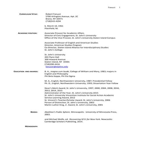 Fanuzzi Academic Curriculum Vita 2016