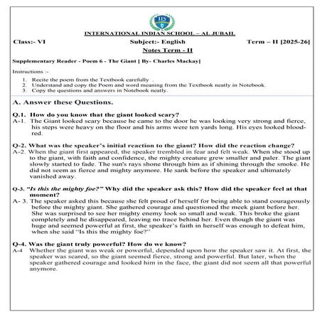 Class notes for IIS Class 6 subject english