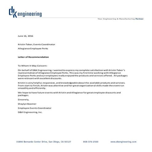 D & K Engineering Letter of Recommendation | DOCX