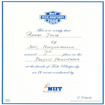 NIIT project presentation winning cert