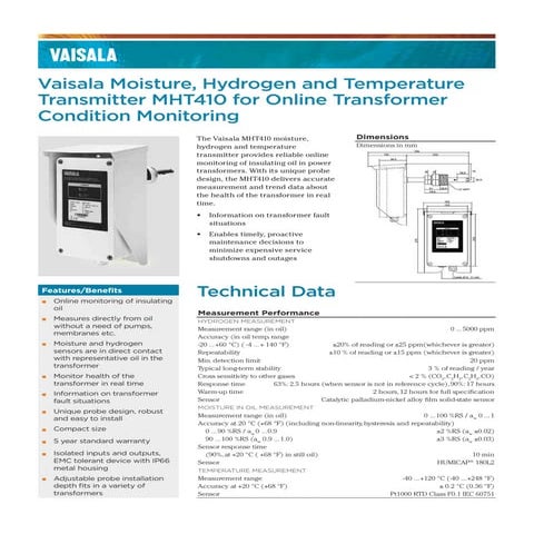 VAISALA MHT410 HYDROGEN+MOISTURE-IN-OIL TRANSMITTER NA PRODUCT ORDER GUIDE AN...