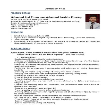 Mahmoud Elmasry CV - Senior Software Quality Assurance Engineer