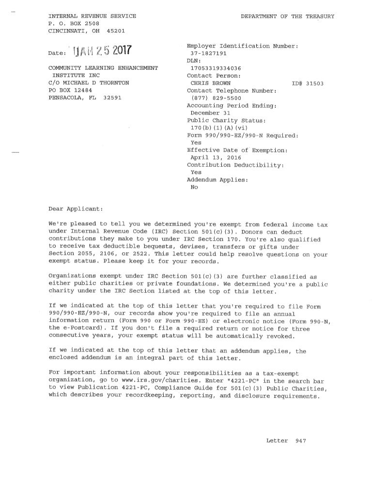 CLEI 501c3 TaxExempt Approval Letter