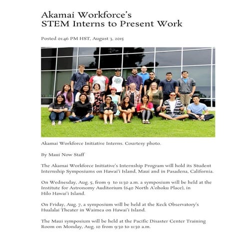 Akamai Workforce's STEM Interns to Present Work _ Maui Now