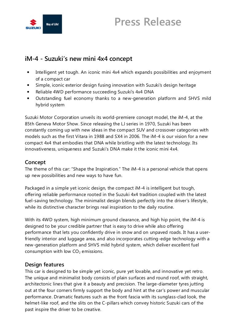 Suzuki iM-4 Concept- Press Release