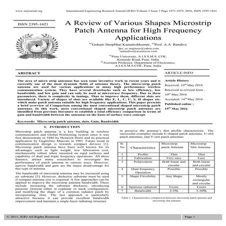 A Review of Various Shapes Microstrip Patch Antenna for High Frequency Applic...