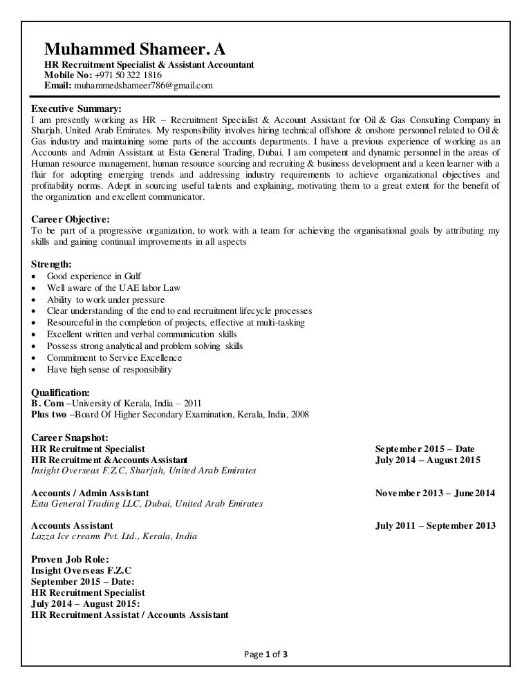 Muhammed Shameer Cv Hr Recruitment Assistant Accountant