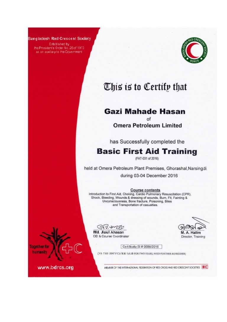 Basic First Aid Training Certificate