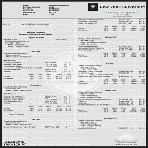 NYU Official Transcript