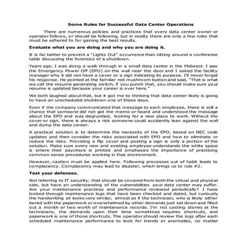 Some Rules for Successful Data Center Operations