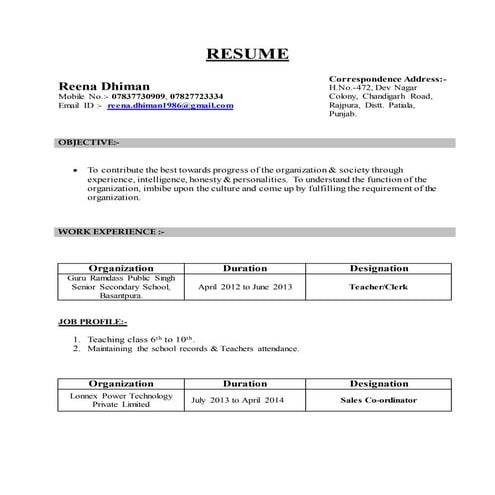 RESUME REENA DHIMAN