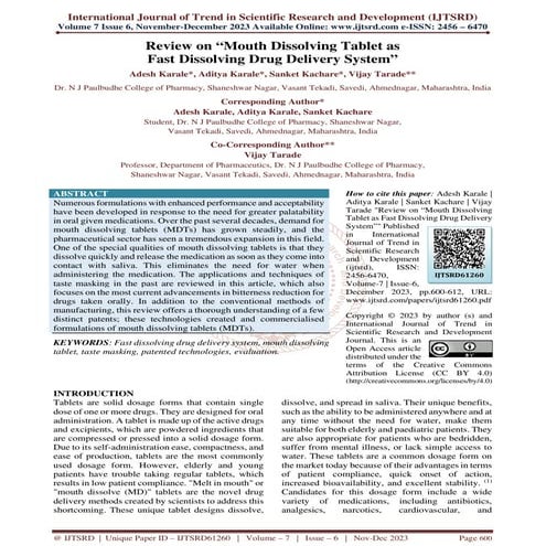 Review on “Mouth Dissolving Tablet as Fast Dissolving Drug Delivery System”