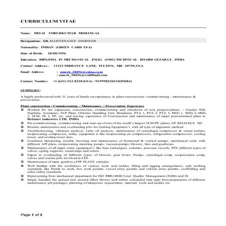SUPERVISOR CV for ONSHORE and OFFSHORE MECHANICAL, MANTENANCE ...