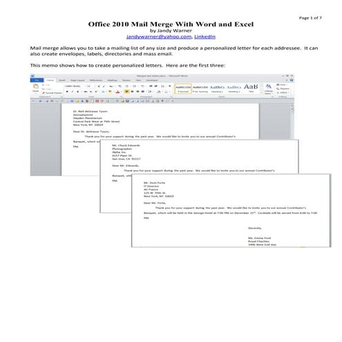 Office 2010 Mail Merge With Word and Excel by Jandy Warner
