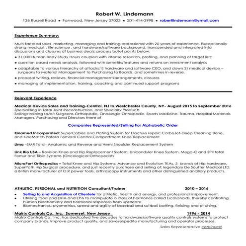Robert W. Lindemann Medical Sales and Management CV