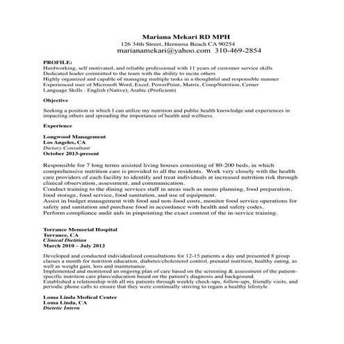 dietitian resume of mariana mekari 2014